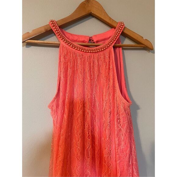 Adrianna Papell 10 High Neck Sleeveless Cocktail Dress Coral Pink Lace Overlay - Picture 7 of 14